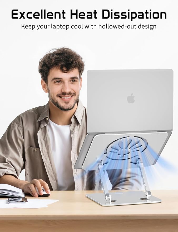 Adjustable Aluminum Laptop Stand for Desk,Ergonomic Riser, Silver | Open Ventilated Design, Fits MacBook Pro/Air & 10"-16" Laptops, Stable Support for Office, Home & Travel - Image 2