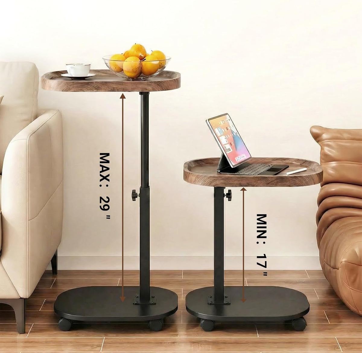 Adjustable Height TV Tray Table for Snack, Eating, Dinner or Laptop, 360°Rolling C Shaped End Table for Couch, Sofa, Chair, Bed, Perfect for Small Places, Livingroom, Bedroom - Image 3