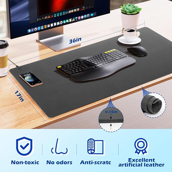 Wireless Charging Desk Mat, Mouse Pad, Black-L, 36 * 17inch - Image 2