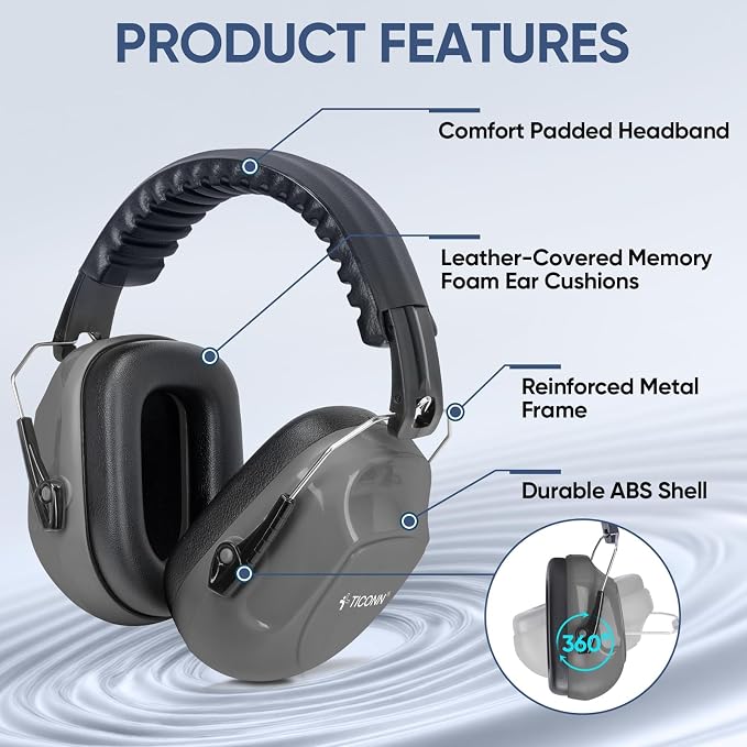 TICONN Noise Cancelling Ear Muffs for Adults, SNR 33dB Hearing Protection, Adjustable Safety Earmuffs for Construction - Image 4
