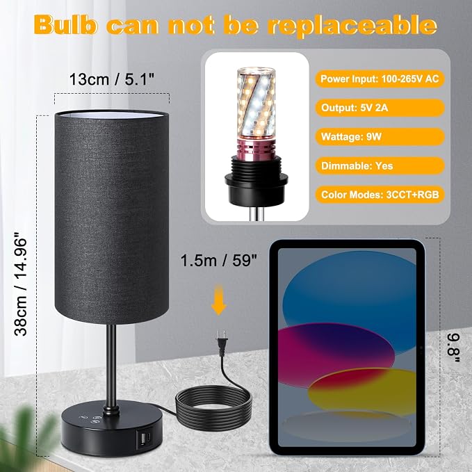 Table Lamp with 3 CCT (3000K/4500K/6500K), Stepless Dimmable Bedside Lamp with 7 Color Changing, Modern Nightstand Light with Black Shade for Bedroom, Kids Room, Home, Office - Image 5