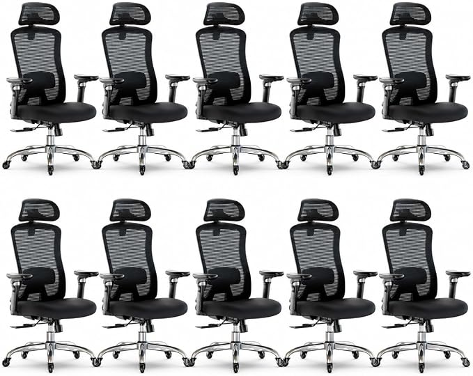 Marsail Ergonomic Office Chair with 6D Armrests, 3D Adjustable Headrest, Slide Seat, Lumbar Support, and 4-Position Tilt Lock – Big and Tall Office Chair with 330 lbs Capacity, Pack of 10 by Marsail