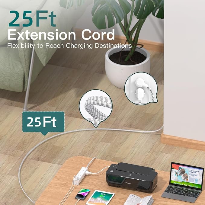 25FT Extra Long Extension Cord, Power Strip with 12 AC Outlets & 4 USB Port | Flat Plug Wall Mount, 1050J Overload Surge Protection, Outlet Extender for Garage Workshop Basement Office, ETL Listed, White - Image 3