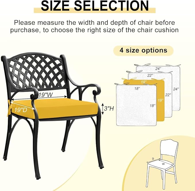 downluxe Waterproof Outdoor Chair Cushions Set of 2, 19" x 19" x 3" Patio Chair Cushion with Non-Slip Ties & Handle, Square Outdoor Cushion for Patio Furniture with Removable Cover, Yellow - Image 6