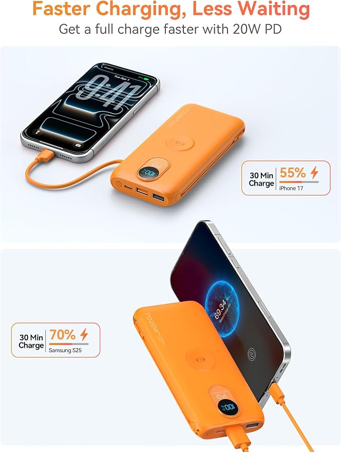 Portable Charger Power Bank 10000mAh PD20W w/Built-in Cables & AC Plug | Portable charger iphone,Fast charging, Built-in wall plug, LED display, Charge 6 devices at once, Pass through charging - Image 7