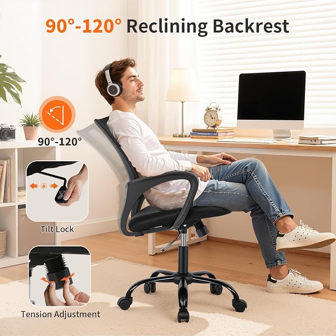 FDW Ergonomic Office Chair Home Desk Chair Task Mesh Computer Chair Gaming with Back Lumbar Support Armrest Modern Swivel Modern Adjustable Rolling Executive Mesh Chair for Women Men (Black) | with Lumbar Support & Adjustable Height | Breathable Mid-Ba... - Image 5