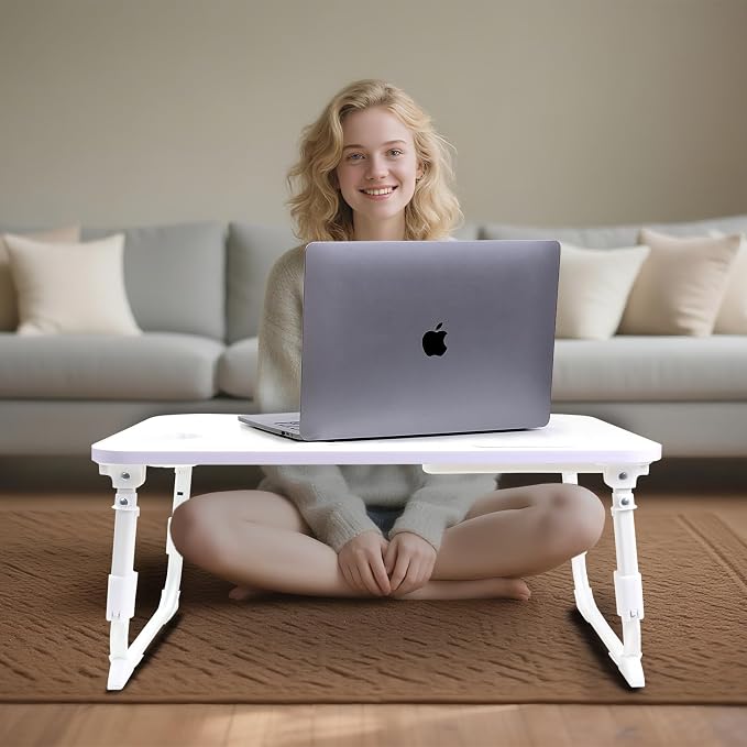 Laptop Desk for Bed, Height Adjustable Laptop Bed Table, Foldable Portable Lap Desk Stand with USB/Storage Drawer/Cup Holder/Slot, Breakfast Tray for Working Reading Writing Eating, White - Image 2