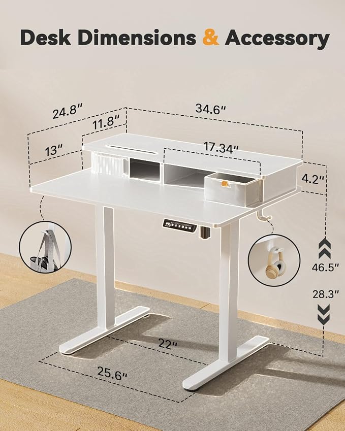 JOY worker 35" Small Electric Standing Desk with Monitor Stand & Storage | White 35" x 25" Height Adjustable Desk for Tight Space, Shutter Door & Drawer, Sit Stand Table with 2 Hooks for Home Office - Image 2