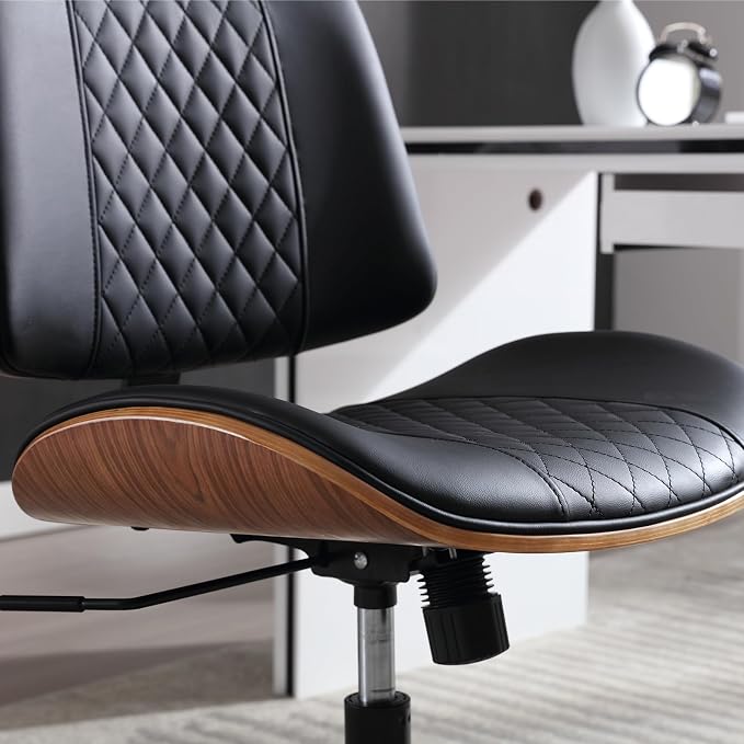 Home Office Chair No Arms with Wheels, Mid Back Walnut Style, Black | Adjustable Height Small Desk Chair, PU Leather Mid Back 360 Swivel Computer Seating, Armless Walnut Office Chair, 300LBS - Image 3