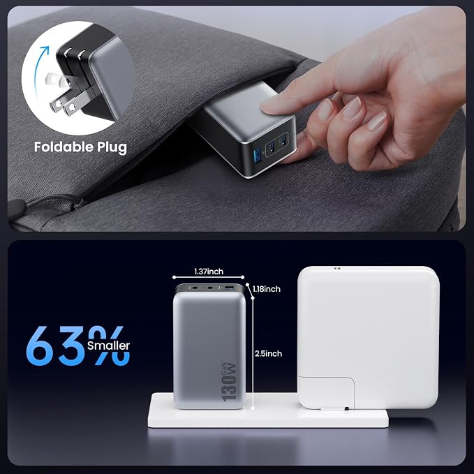 130W USB C Wall Charger,GaN III 3-Port Fast Charging Station,PD QC Foldable Charger Block Portable 65W USB C Laptop Adapter for MacBook Pro/Air,iPad Pro,Galaxy S23,Dell XPS 13,iPhone 17 - Image 4