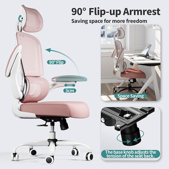 TRALT Office Chair Ergonomic Desk Chair - Gaming Chair with Lumbar Support | 330 LBS Home Office Desk Chairs with Headrest, Reading Chair with Flip-up Armrests, Comfortable Computer Chairs (1, Pink) - Image 6