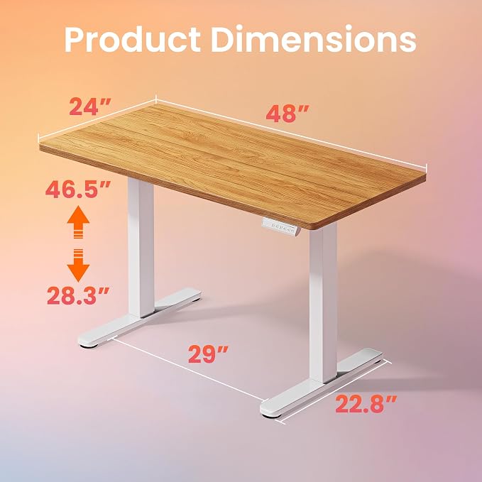 HUANUO 48x24 Inch Electric Standing Desk, Adjustable, Light Vintage Brown | 176 Lbs Capacity, Smooth Home Office Desk, 4 Memory Presets & Headphone Hooks, 28.3–46.5 Inch Height Range, Easy to assemble - Image 3