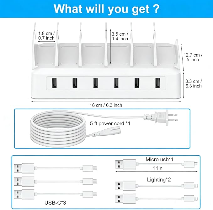 Charging Station for Multiple Devices, 6 Port USB Desktop Charger Dock Compatible with iPad, Samsung, Android, Tablet, Family Multi Phone Charging Organizer with Divider Holders, Fireproof ABS (White) - Image 10