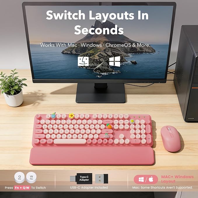 Wireless Keyboard and Mouse Combo, Cute Full-Size Retro Typewriter Keyboard with Round Keycaps, Magnetic Wrist Rest, Tilt Legs, 2.4GHz Cordless for Mac, Windows PC, Laptop, SABLUTE CK23, Baby Pink | Full-Size Retro Typewriter-Style Keyboard, Tilt Legs,... - Image 9