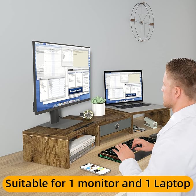 WESTREE Dual Monitor Stand Riser with Drawer, Monitor Stand Riser for 2 Monitors, Adjustable Length and Angle, 2 Solts for Phone & Tablet, Desktop Organizer Stand for Computer/Laptop/PC/Printer - Image 3