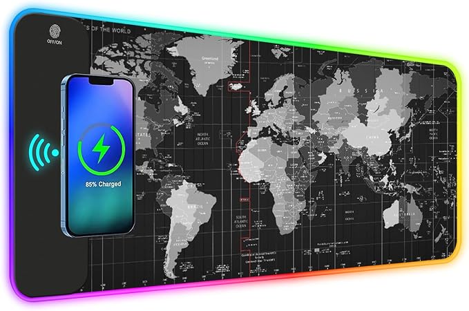 ToLuLu RGB Gaming Wireless Charging Mouse Pad, 5/7.5/10/15W LED Mouse Pad | 10 Light Modes Computer Keyboard Mat Mousepad, 800x300x4MM Extended Large Desk Mat for Gaming, MacBook, Laptop, PC, World Map by ToLuLu
