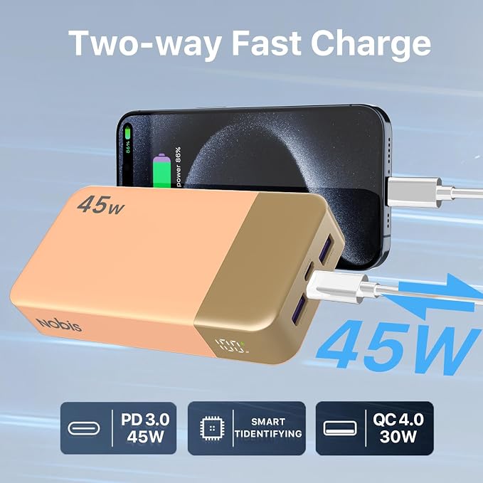 NOBIS Portable Charger 45W 20000mAh Power Bank Fast Charging | 2C+2A Battery Pack with C to C Cable, Battery Bank with Digital Display for iPhone Android Laptop etc - Image 5