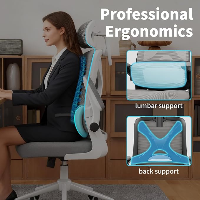 Ergonomic Office Chair - Desk Chair with Adjustable Headrest Lumbar Support Computer Chair - Mesh Comfy Chair with Flip-up Armrests - Gaming Chairs for Adults Home Office 330 LBS (Black+Gray) - Image 8