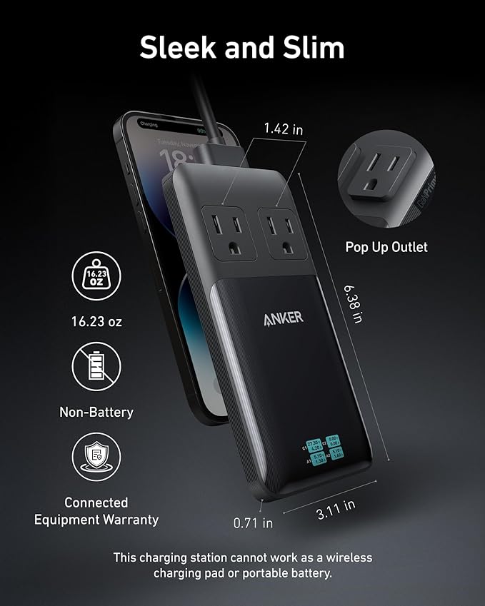 Anker Prime Charging Station, 140W 6-in-1 Travel Power Strip, 2 USB C | 2 AC, 2 USB A, 5ft Detachable Extension Cord with Multiple Outlets, Desk Accessories, Home Office (Non-Battery/Wireless) - Image 4