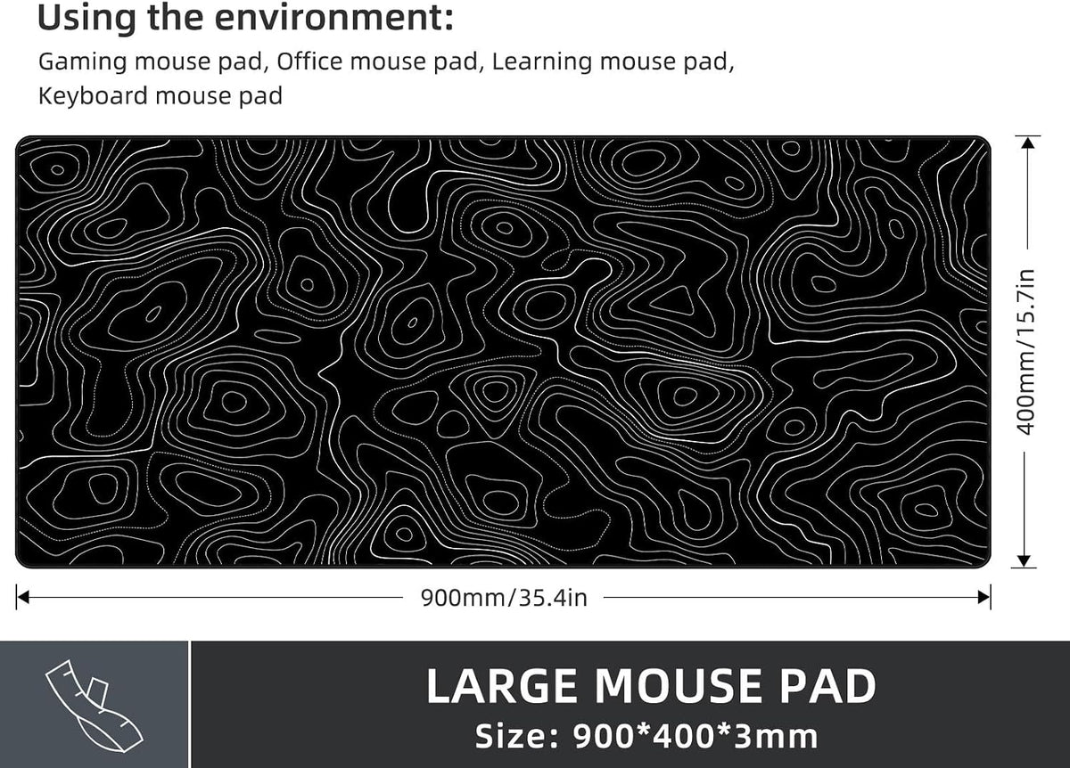 Extra Large Gaming Mouse Pad with Black Topographic, XXL Mousepad, Big Mouse Mat Desk Pad, Non Slip Keyboard Pad for Gaming Computer Laptop PC Office Desk Accessories - Image 4