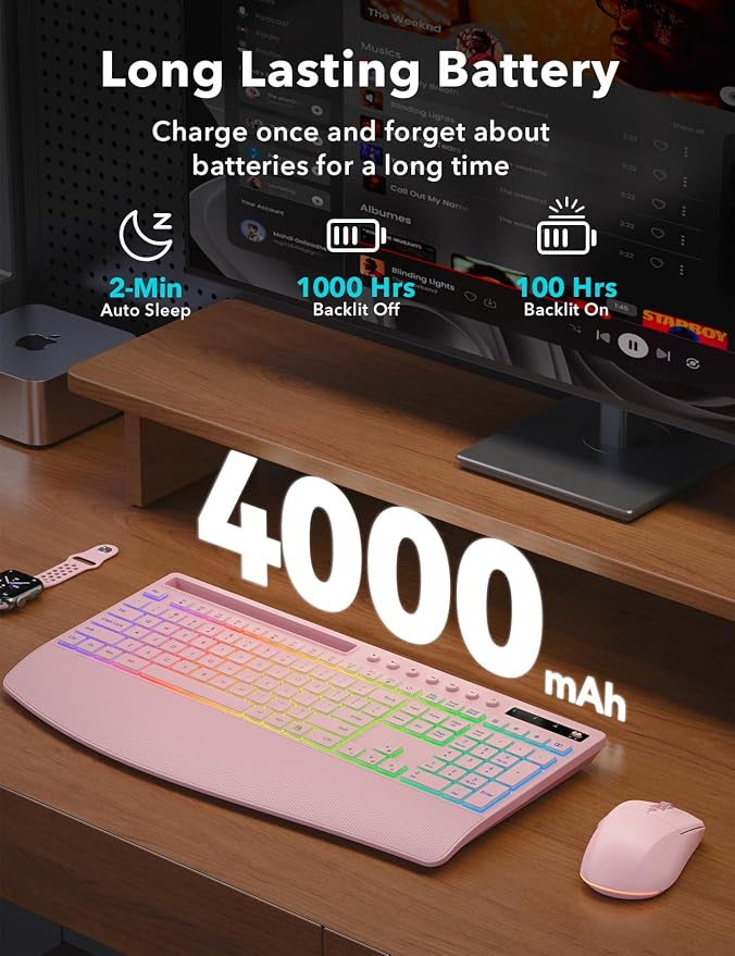 Trueque Wireless Keyboard and Mouse Combo, 4000mAh Battery, Wrist Rest | Rechargeable, 15 Backlit Effects, Full Size, Phone Holder, Quiet Typing, 2.4GHz Wireless, USB-A & C Connectivity for Windows - Image 2