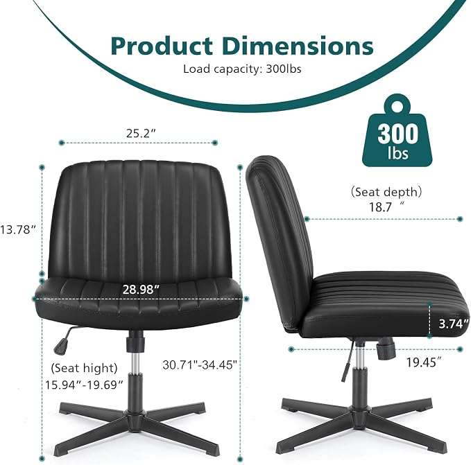 OLIXIS Criss Cross Chair, Vanity Chair, Home Office Desk | Armless No Wheels Wide Seat, Height Adjustable Swivel, Padded PU Leather, Bedroom Student Study, Black Dual Base - Image 3