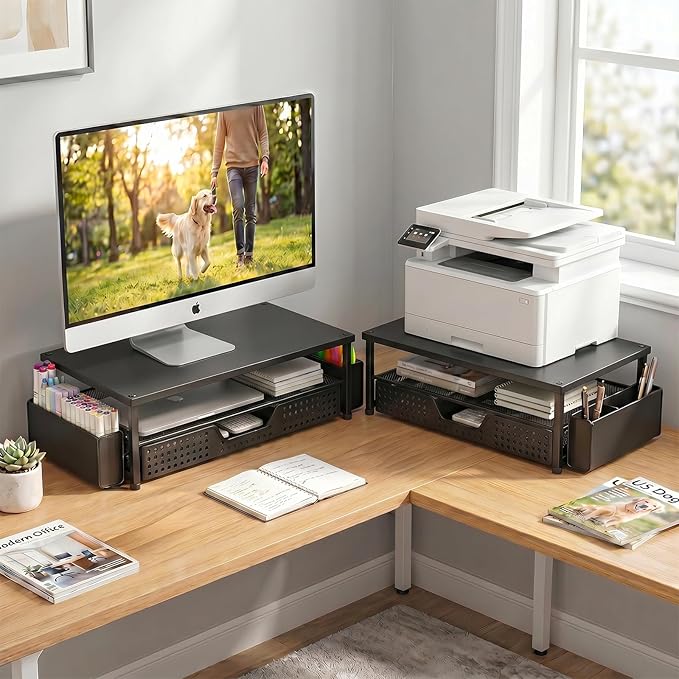 ECOLOVI Desk Organizer and Accessories, 2-Tier Computer Monitor Stand Rise with Storage Drawer & 2 Pen Holders, Laptop & Printer Stand for Desktop, Workspace Organizers for Office Supplies (Black Wood) - Image 3