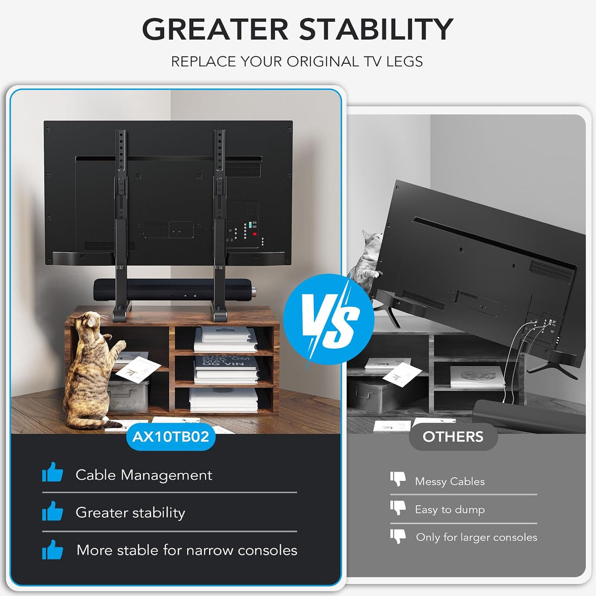 Universal TV Stand, Table Top TV Stand Base Wobble Replacement for Most 24 to 80 Inch LCD LED TVs, 7 Height Adjustable TV Legs Hold up to 150lbs, Max VESA 800x500mm, Black AX10TB02 - Image 4