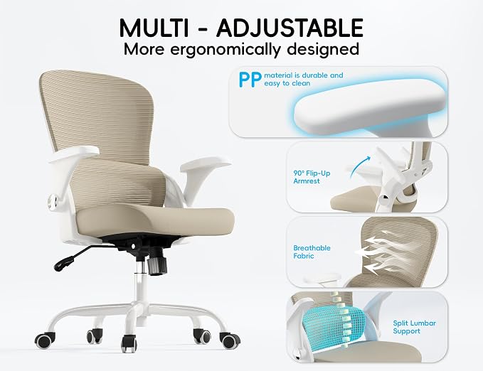 TRALT Office Chair - Ergonomic Office Chair with Back Support for Adults | Home Office Desk Chair with Lumbar Support - Ergonomic Mesh Chairs 330 lb Wide Seat for Work, Study, Office, Gaming(Beige) - Image 4