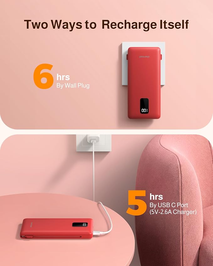 charmast 10000mAh Portable Charger with Built-in Cables and AC Wall Plug | Slim All-in-One USB-C Power Bank, Charge Up to 4 Devices at Once, Travel Essential, Compatible with iPhone, Samsung, Android - Image 7