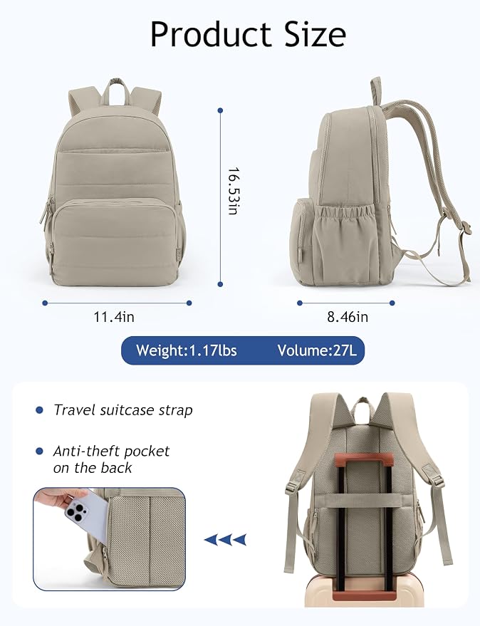 Uselike Travel Backpack for Women, 15.6 Inch Laptop Backpack, Quilted College Bookbag, Cute Work Backpacks, Water Resistant (Khaki Ash) - Image 4