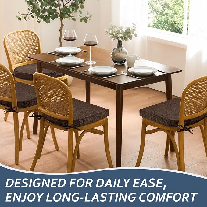 Basic Beyond Chair Cushions for Dining Chairs with Ties and Removable Cover, 2" Thick Seat Cushions for Kitchen Chairs, Set of 6, 17" x 16", Brown - Image 8