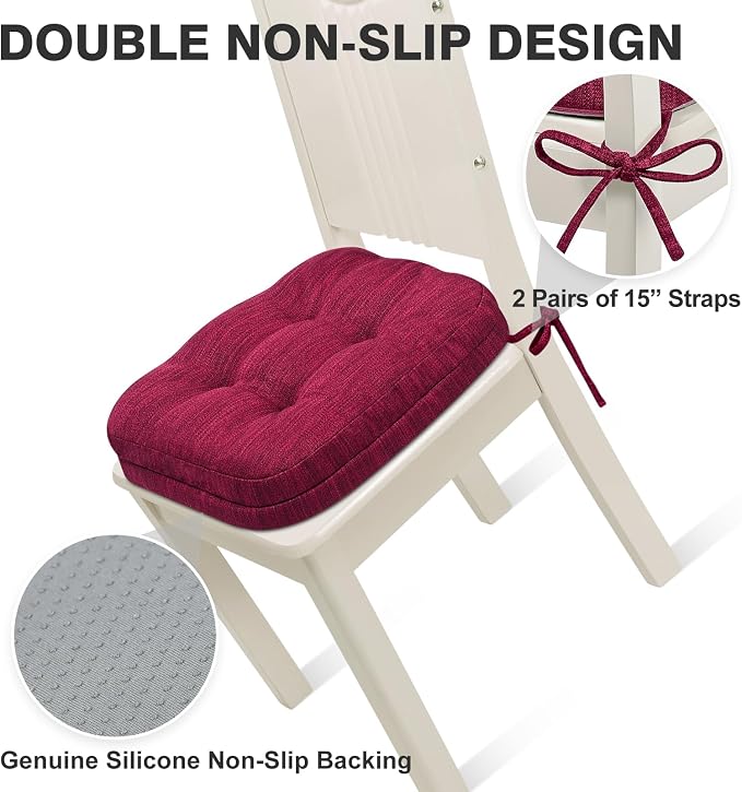 Shinnwa Kitchen Chair Cushions Set of 6, Dual-Layer Memory Foam Dining Chair Cushions, Patented Design Seat Pads with Ties, 16.5 x 16.5 x 3.5in, 6 Pack, Burgundy - Image 5