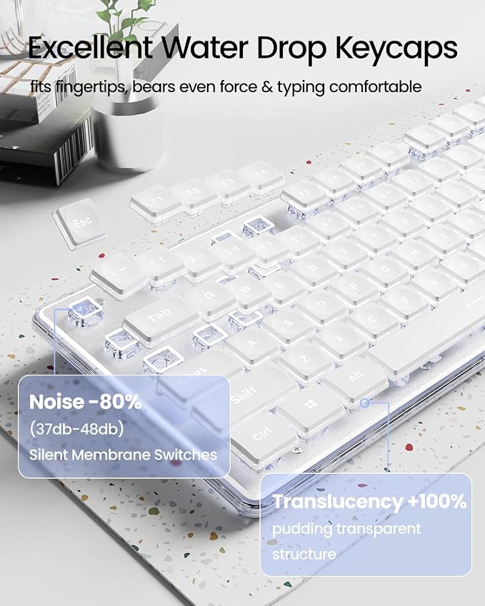 V3 Wireless Keyboard and Mouse with Single Backlit, Metal Panel, Bluetooth/2.4G Rechargeable Computer Keyboard and Mouse Combo Silent Lighted Full Size Cute Keyboards-White - Image 4