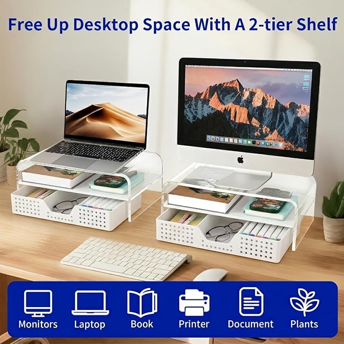 Desk Organizer and Accessories, 2-Tier Computer Monitor Stand Riser with Drawer and 2 Pen Holders, Laptop Stand, Office Desk Accessories for Office Supplies, 1 Pack, Transparent - Image 3