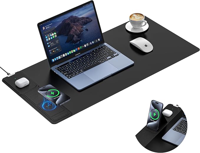 TopMade 4-in-1 Mouse Pad with 15W Wireless Charging, Foldable Phone Holder, 31.5" x 15.75" XXL Large Desk Pad, Gaming Mousepad with Ultra-Smooth Surface, Non-Slip Base, Waterproof Desk Mat, Black by TopmadeProduct-Ordernow