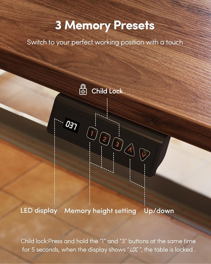 CubiCubi 48 x 24 One-Piece Electric Adjustable Standing Desk, Black Walnut | Height Adjustable Electric Large Computer Home Office Sit Stand up Workstation, with Memory Presets, Headphone Hook - Image 9
