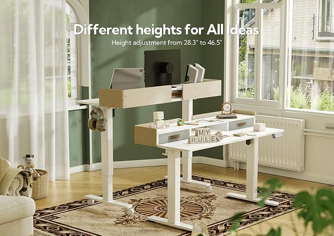 Claiks Standing Desk with Drawers & Wheels, 2 Height Shelf 48inch White | 2 height adjust shelf, tabletop drawers, felt fence design, sturdy supports 176 lbs, 4 wheels, 2 tire monitor stand - Image 5