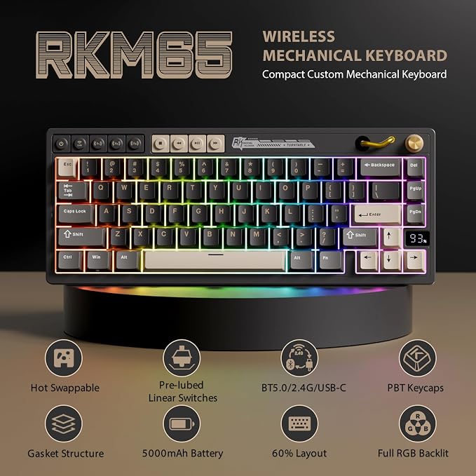 RK ROYAL KLUDGE M65 Wireless Gaming Keyboard with Volume Knob, 60% Hot Swappable Mechanical Keyboard 2.4G/BT/USB-C, Gasket Mount, Battery Display, PBT Keycaps, Hot-Swappable Cream Switch, Black - Image 2