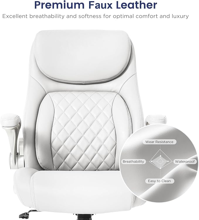 Nouhaus Ergonomic Office Chair Premium Leather Adjustable Lumbar Support & Armrests, High Back Comfy Desk Gaming Chairs Executive Computer Swivel Chair Tilt Function(Posture,White) - Image 5