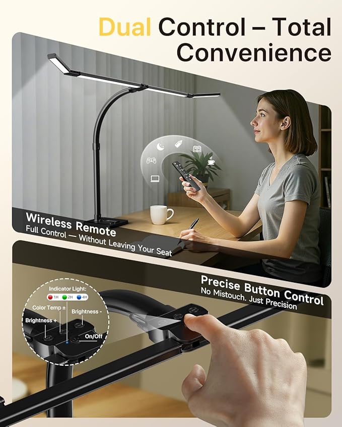 ONEMIX LED Desk Lamp with Base, 42-Inch 4-Panel Light for Dual Monitors | 1800 Lumens, 4 Adjustable Panels, 5 Color Temps, 5 Brightness Levels, Remote, Timer, Flicker-Free for Home Office - Image 6