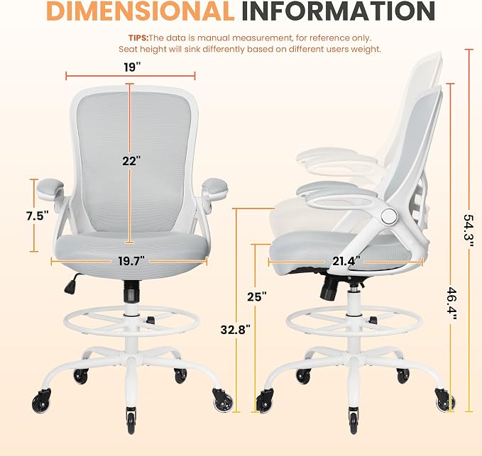Drafting Chair Tall Office, Ergonomic Standing Desk Stool Adjustable Drafting Chair Big Tall Drafting Office Chair White - Image 2