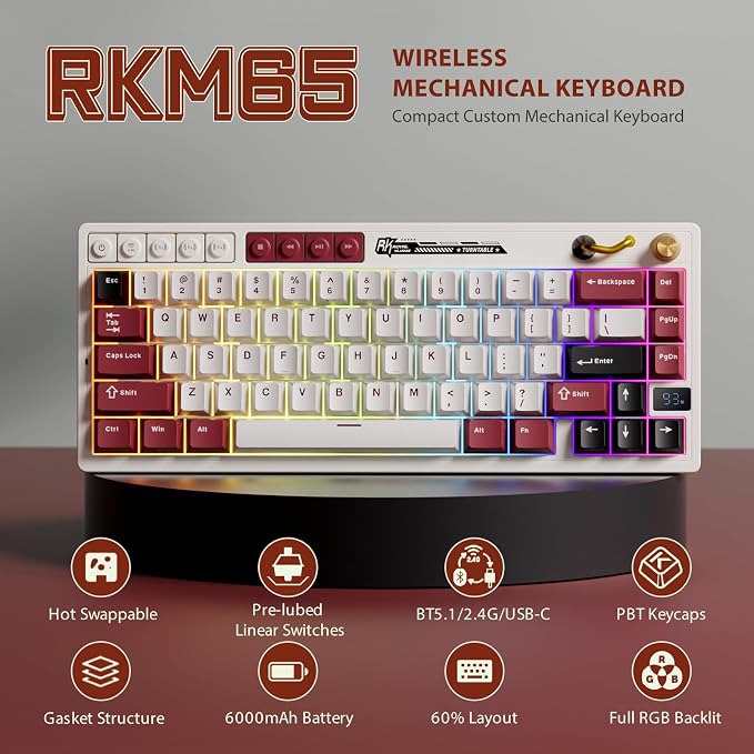 RK ROYAL KLUDGE M65 Wireless Mechanical Keyboard with Volume Knob, 60% Tri-Mode Gaming Keyboard 2.4G/BT/USB-C, Gasket Mount, Battery Display, PBT Keycaps, Hot-Swappable Cream Switch, White - Image 2