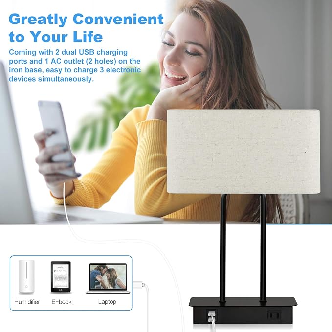 Bedside Touch Control 3 Way Dimmable Table Lamp with Cream Fabric Shade | Dual USB Charging Ports 1 AC Outlet, Modern Nightstand Lamp, Desk Lamp for Bedroom Living Room Office with 5000K LED Bulb - Image 3