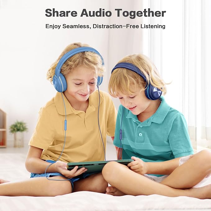SIMOLIO Manyshare Series- Over-Ear Kids Headphones with Microphone & Share Port, Volume Limited Plug in Headphones Wired, Foldable Corded Stereo 3.5mm Headset for Laptop PC Tablets Travel Boys (Blue) - Image 4
