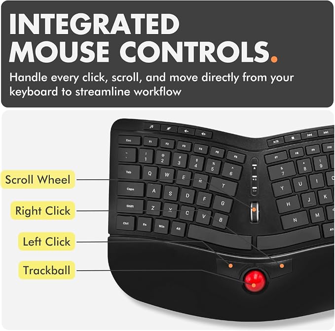 X9 Performance Ergonomic Wireless Keyboard with Trackball - Rechargeable, Backlit, Built in Mouse Buttons - 2.4G Split Keyboard Wireless for Windows PC and Chrome - All in One Typing Solution - Image 5