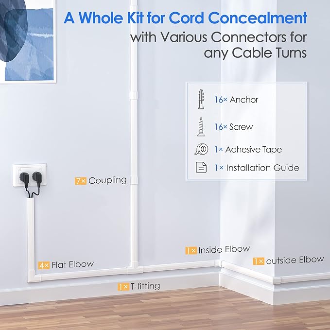 Yecaye TV Cord Hider, 125in Cord Cover, W1.18in H0.6in, White | Large Cable Hider, Wire Covers for 4 Cords, Cable Raceway Wire Hiders for TV on Wall, Cable Cover Cord Concealer - Image 4