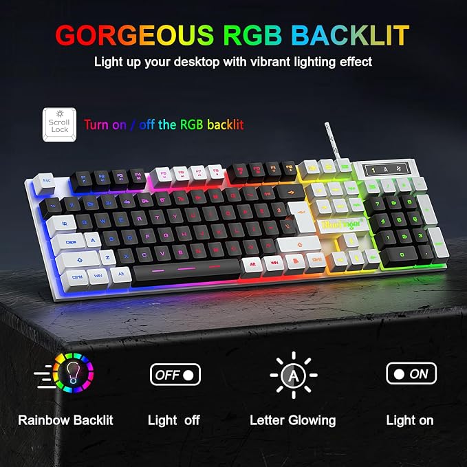 BlueFinger RGB Gaming Keyboard and Backlit Mouse Combo, USB Wired, LED Gaming Set for Laptop PC Computer Game and Work (White & Black) - Image 2