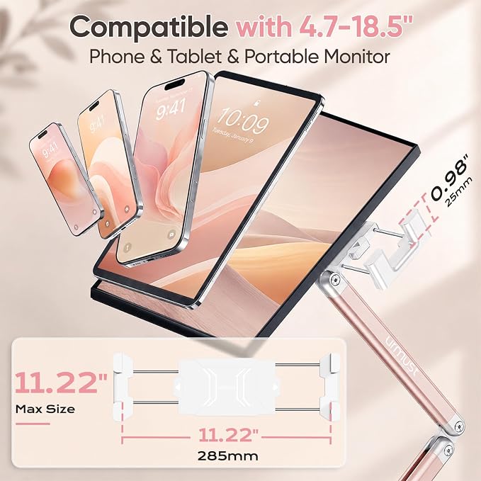 Portable Monitor Stand up to 18.5", iPad Stand for Desk, Pink | Aluminum Arm, Portable Monitor Holder 15.6", Adjustable Desktop Tablet Mount, Second Screens - Image 2