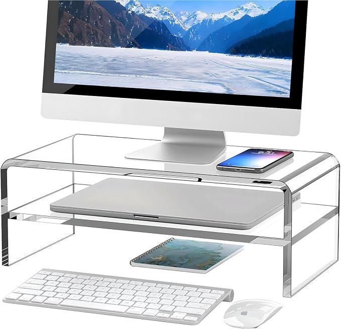 Egchi Clear Acrylic Monitor Stand Riser 2 Tier, 5.12 Inches High Clear Computer Desk Organizer Shelf for Multi Media PC Storage Laptop | Clear, Desk Shelf, for Multi Media PC Storage, Laptop Stand by Egchi
